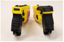 A pistol shaped conductive energy weapon, or a taser is shown. The handle is black, and the
body is yellow.